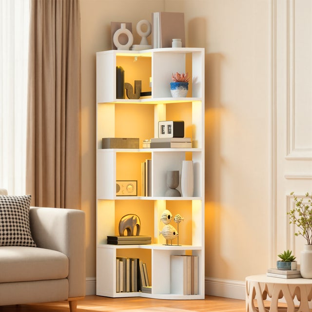 YITAHOME Bibliothèque d'Angle 6 Niveaux, Éclairage LED, 64x41,5x160cm, Blanc