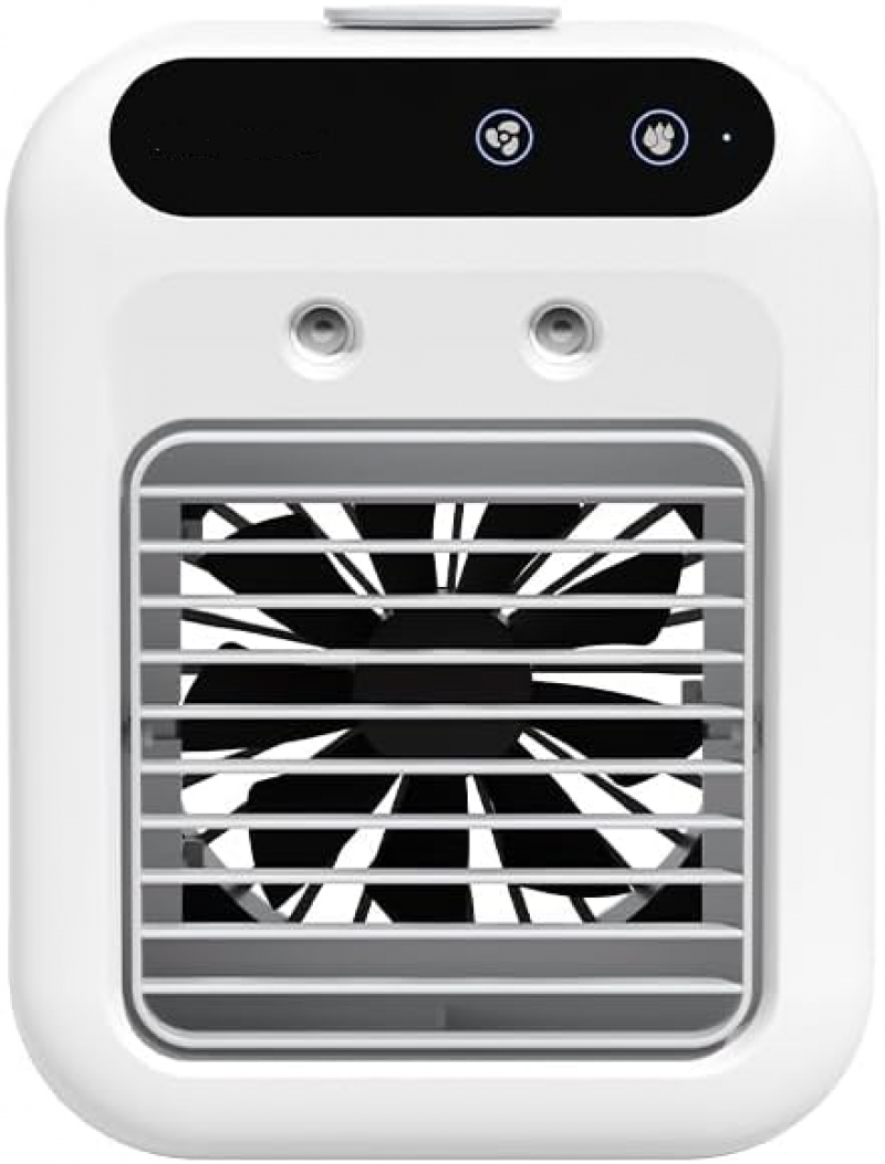 Mały, przenośny klimatyzator, podłączany do prądu lub ładowany, 2 prędkości, 2 tryby natrysku, bateria 1800 mAh, z tacką na kostki lodu