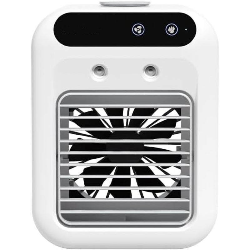 Mały, przenośny klimatyzator, podłączany do prądu lub ładowany, 2 prędkości, 2 tryby natrysku, bateria 1800 mAh, z tacką na kostki lodu