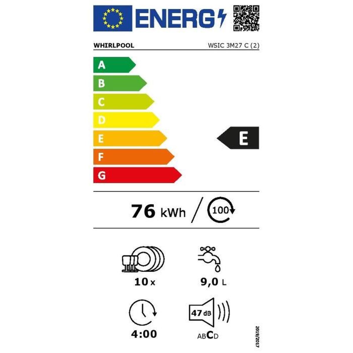 Lave vaisselle compact encastrable Whirlpool WSIC3M27C 10 couverts 47 dB - 4