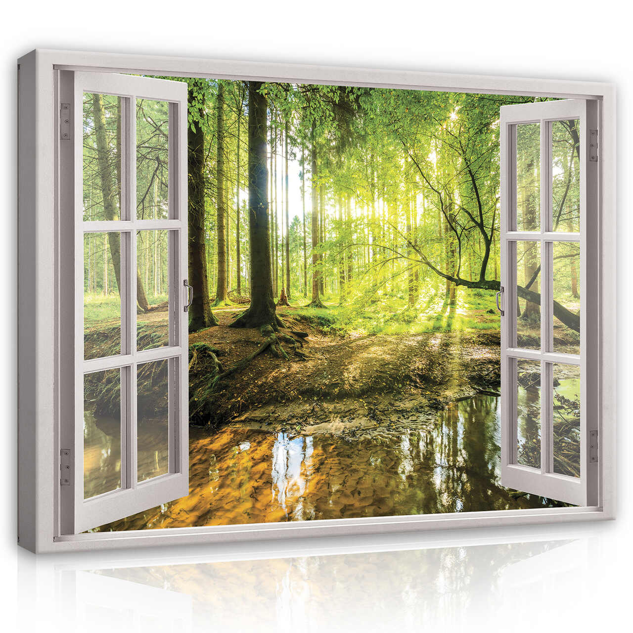Cuadro en lienzo ventana bosque soleado paisaje naturaleza 100x75 cm xxl impresión en lienzo decoración de pared canvas para salón lista para colgar