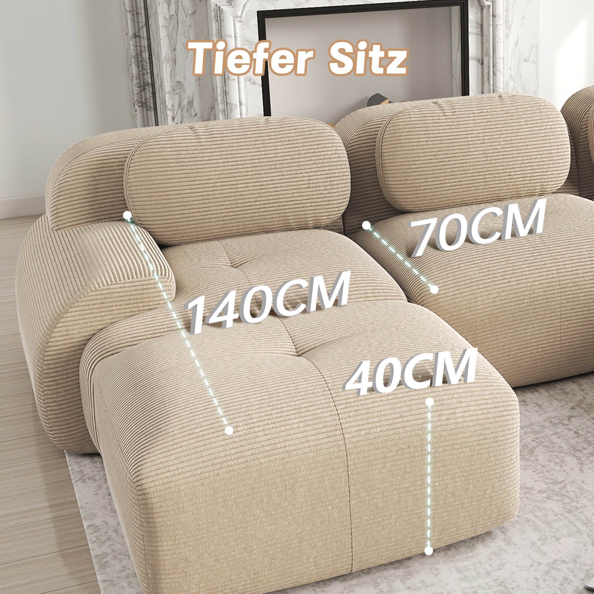 Canapé modulable avec 3 tabourets,&nbsp;Canapé 3 places en velours côtelé, accoudoirs ultra larges, Canapé d'Angle rembourrage 32D, Canapé compact beige - 3