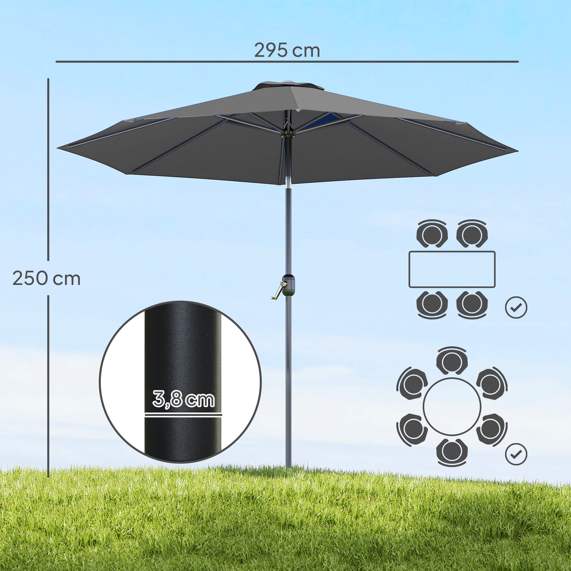 Parasol jardin Ø295x250 cm manivelle basculante, poteau métal amovible, gris foncé - 5