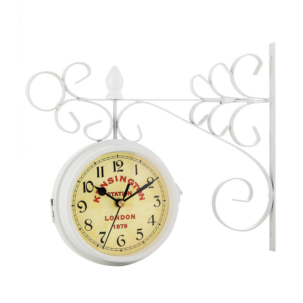 Blanc Vintage Art Design Dwustronny Zegar Ścienny Metalowy Dworcowy Okrągły Zegar Uchwyty Wspornik Ścienny Boczny do Ogrodu Domu Salonu