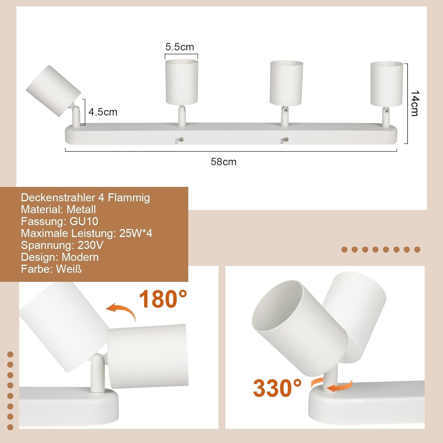 NETTLIFE 4 Focos de Techo GU10 de diseño moderno Orientables en color blanco para salón pasillo dormitorio comedor cocina - 4
