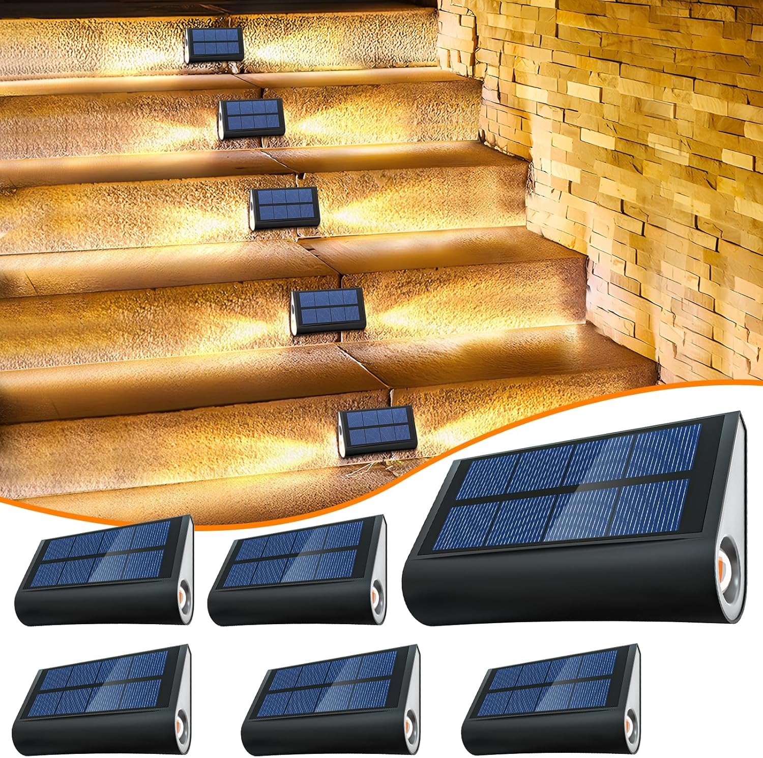 Zestaw 6 zewnętrznych lamp solarnych LED do schodów i ogrodu, ciepłe białe oświetlenie stopni, wodoodporność IPX5