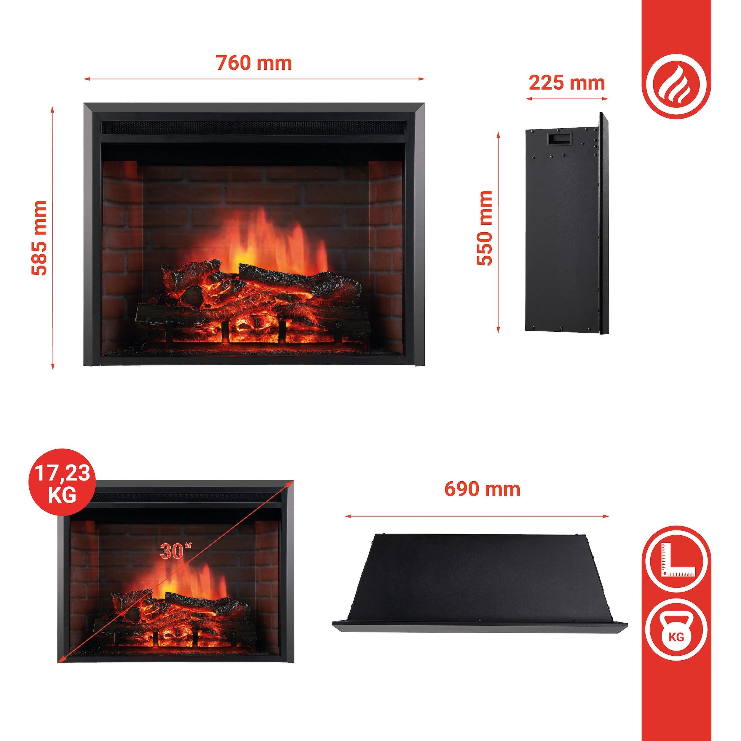 KAMINIO Cheminée électrique LUCA - Cheminée encastrable avec chauffage, effet de flamme 3D, 12 couleurs de flammes, télécommande - 30 pouces - 7