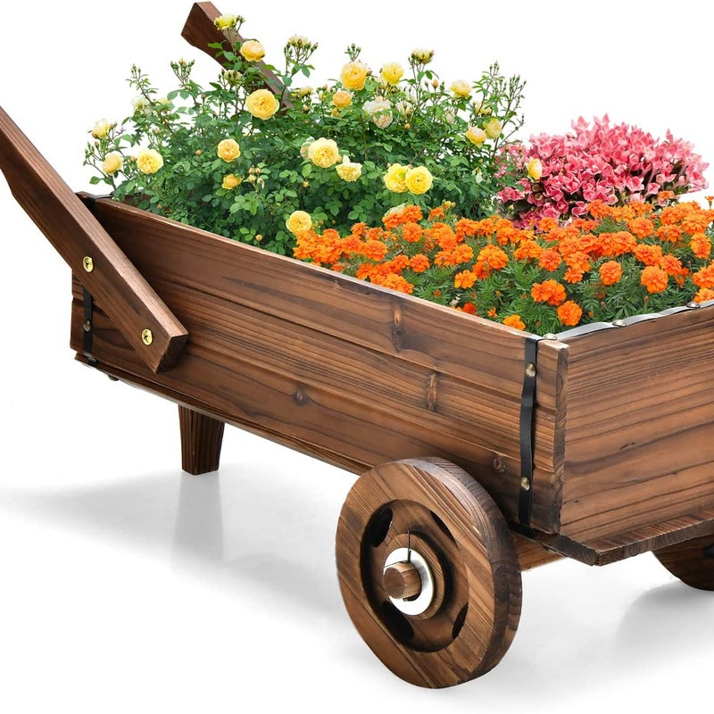 Drewniany wózek na kwiaty, wózek na rośliny z kółkami i uchwytami, wózek na kwiaty z otworem odpływowym, doniczka na rośliny, taczka,