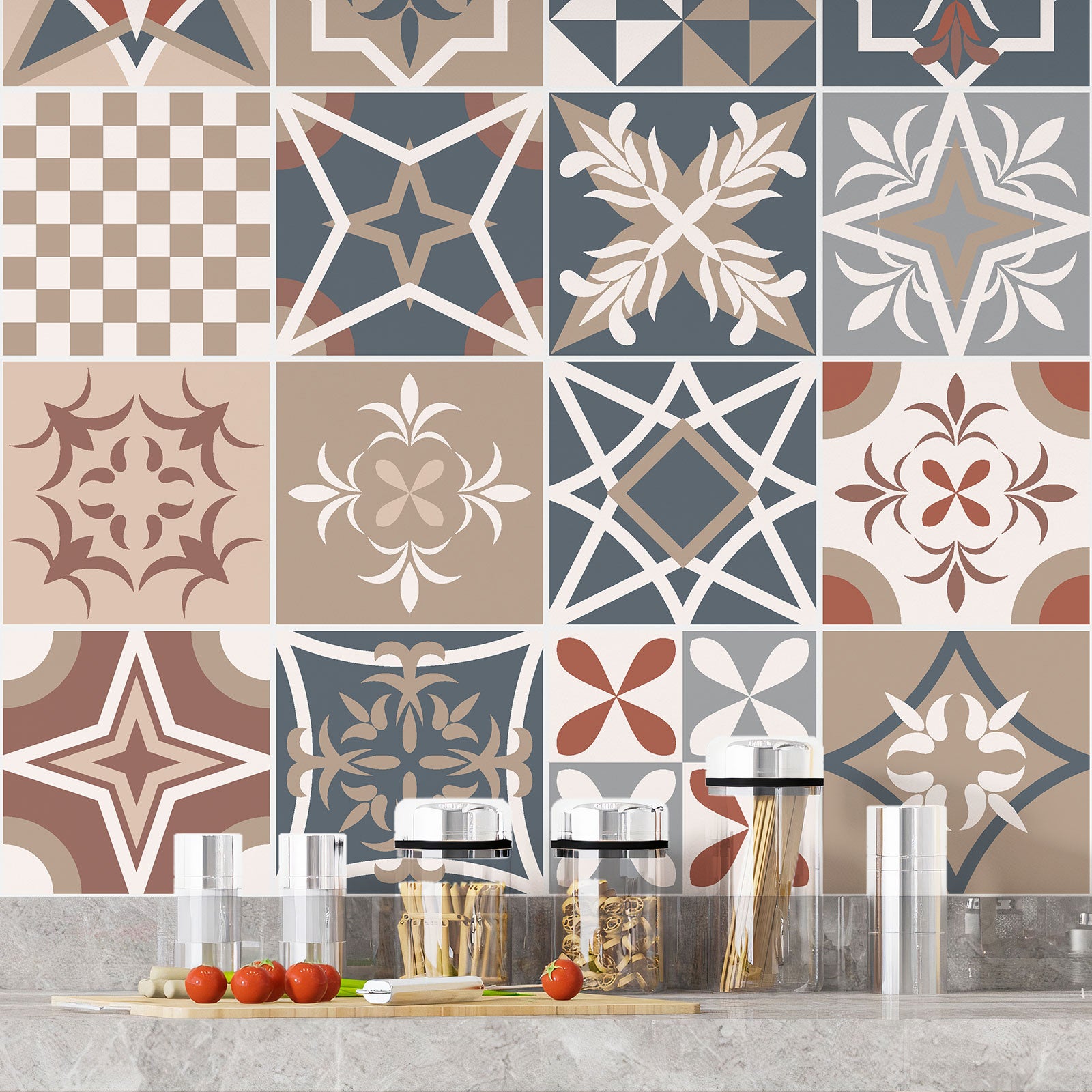 Crédence adhésive sticker décoratif pour cuisine - Effet carreaux de ciment - Adhésif MAT - 60x60 cm - 4