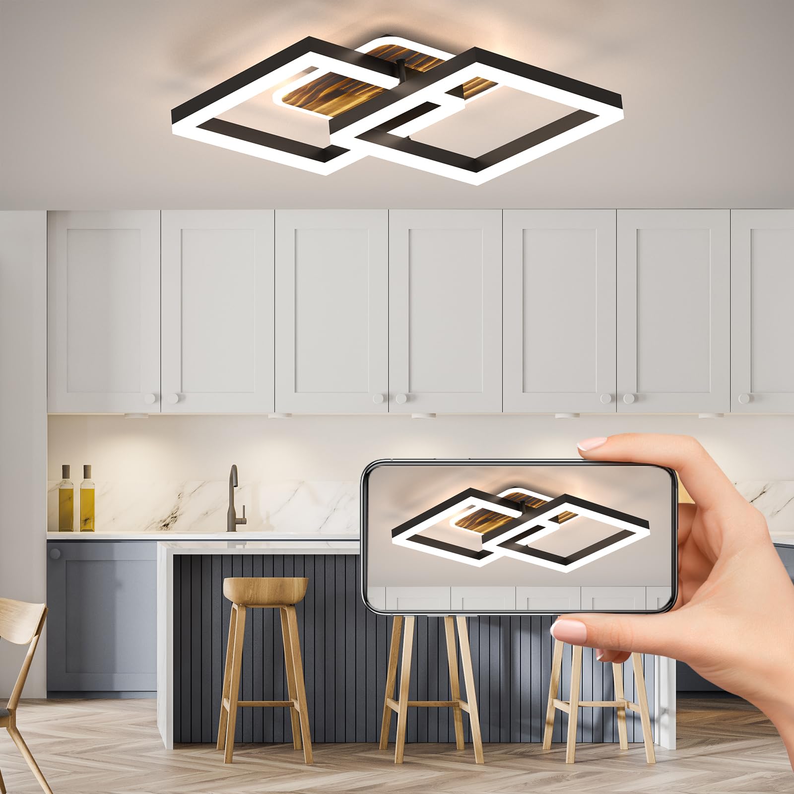 Anten 40W Plafonnier LED Luminaire Salon Dimmable,Éclairage Plafonnier Blanc Chaud à Froid 3000K-6500K,3600LM Chambre,Salle Manger,Noir-Bois - 3