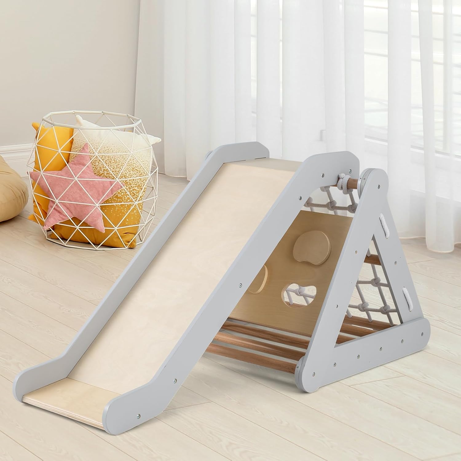 Triangle d’Escalade Montessori Enfants avec Filet à Grimper, Planche et Échelle,Pierres avec Toboggan,Aire de Jeux Intérieur pour Bébé 1 an+(Gris) - 8