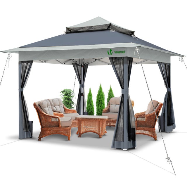 Tonnelle de jardin extérieure 3,6x3,6m pliable avec moustiquaire gris - VOUNOT®