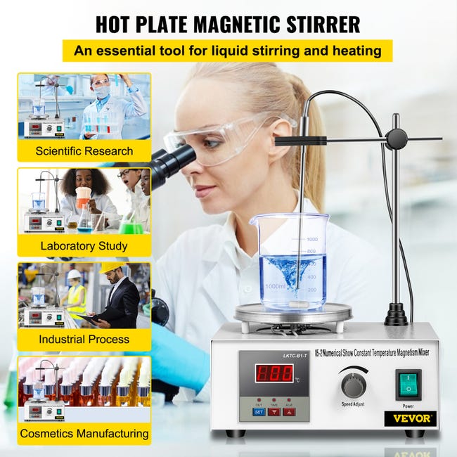 Mélangeur Magnétique 1000ml Avec Plaque Chauffante 300W – Affichage Numérique Pour Laboratoire, Vitesse 0-2400 Tr/min