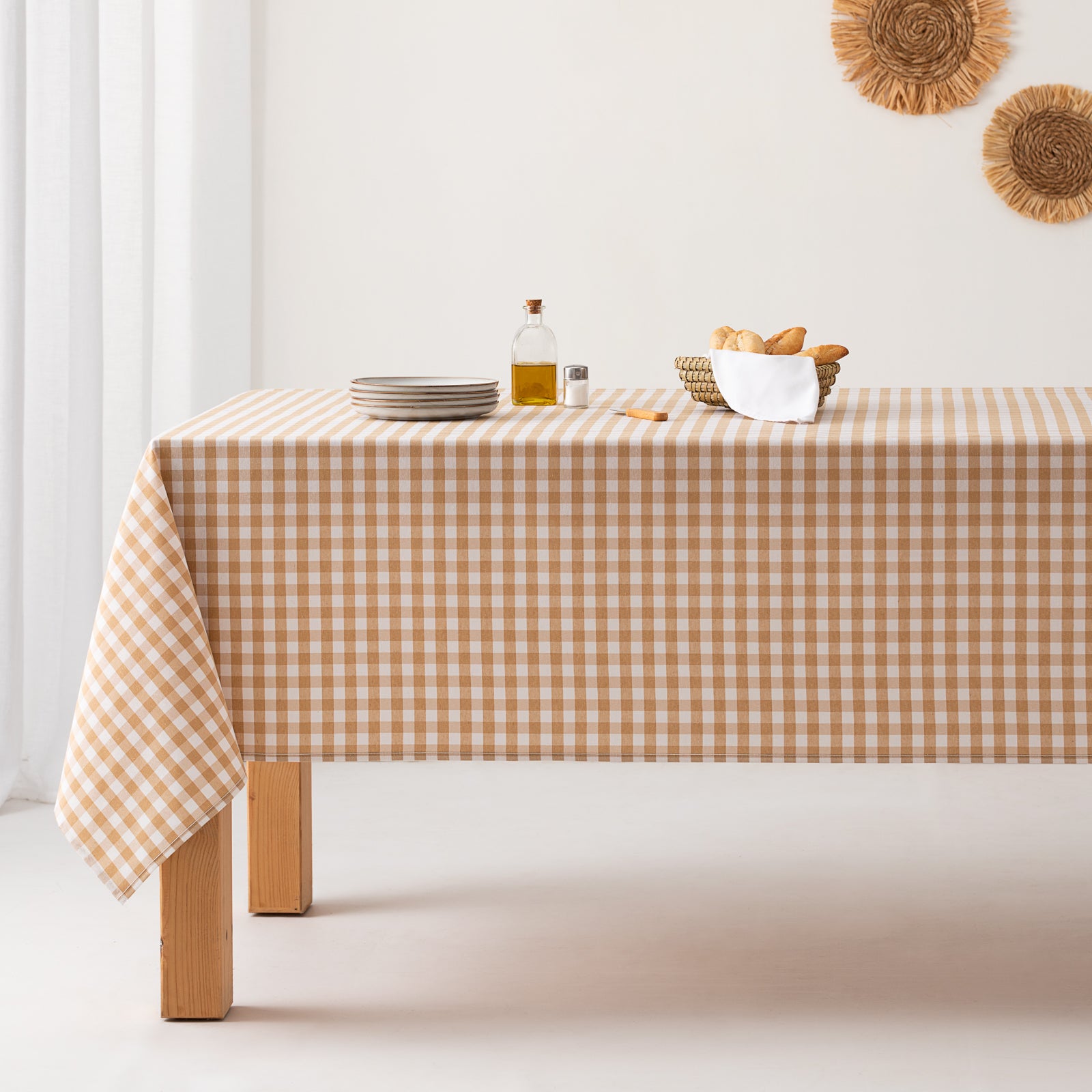 Obrus plamoodporny vichy z bawełny, miękki w dotyku, beżowy 140x300 cm - 3