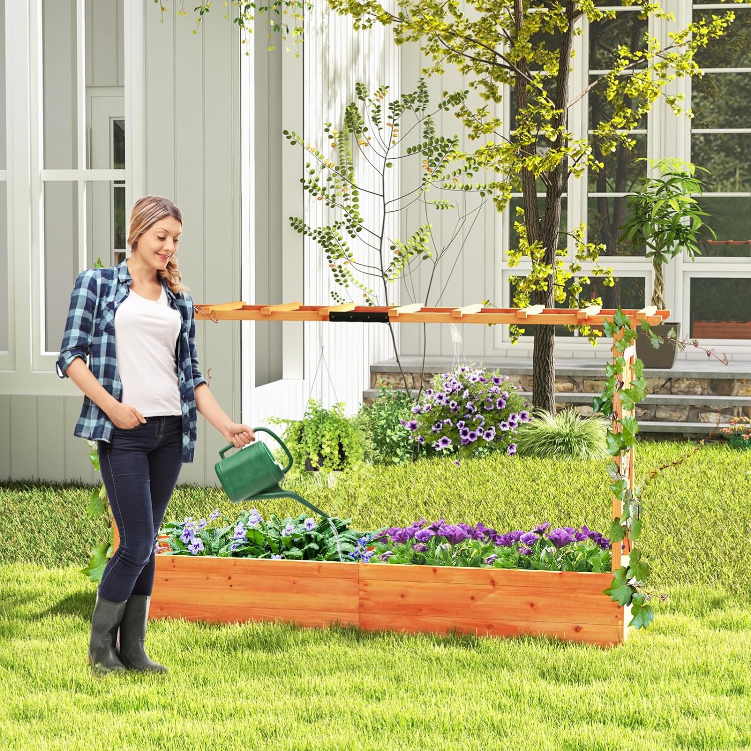 Jardinière Surélevée avec Treillis, Lit de Jardin en Bois avec Toit Suspendu, Trous de Drainage, 200x44x114cm - 8