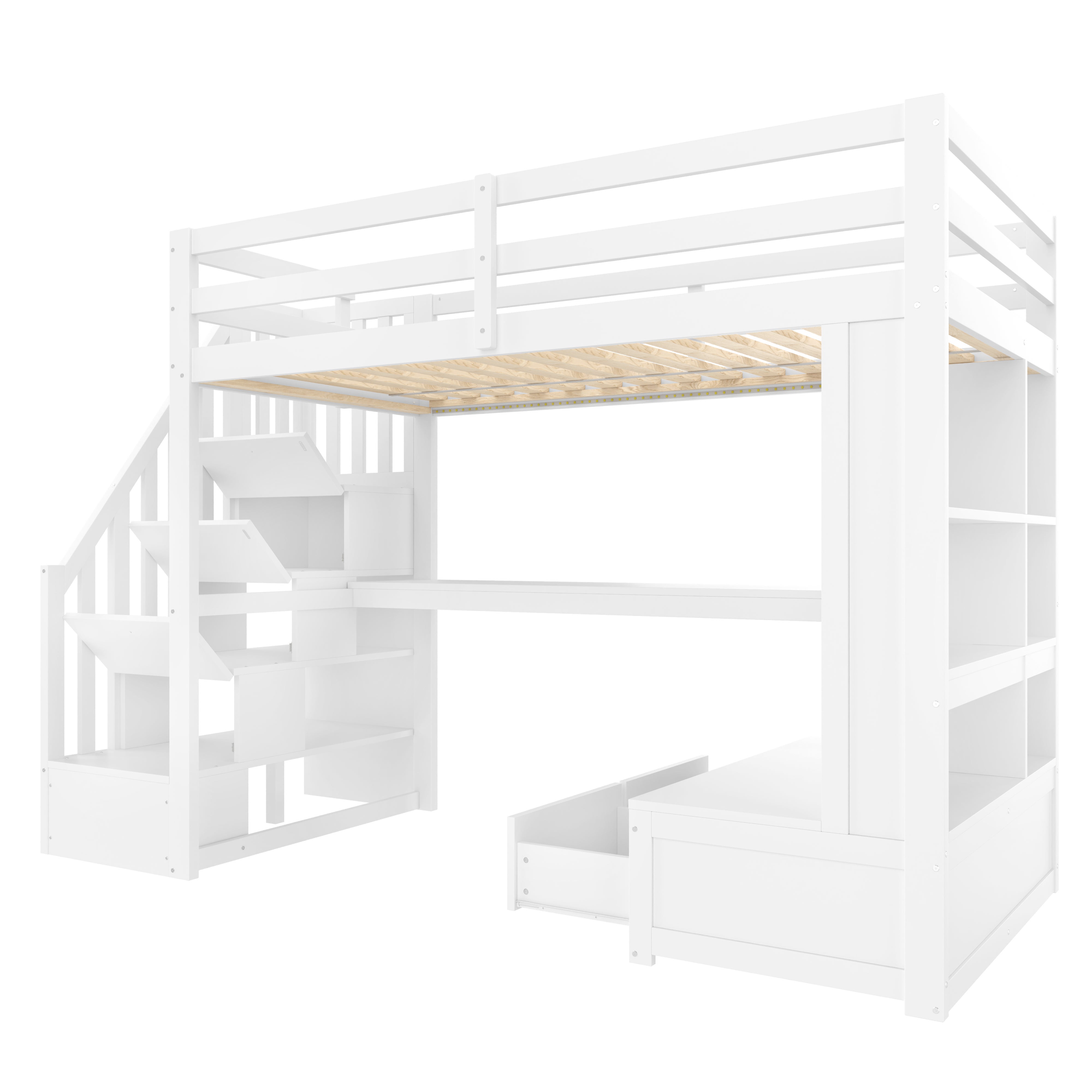 Lit Mezzanine 90x200 avec Bureau & Étagères, Lit Enfant Escalier de Rangement & 2 Tiroirs, Gain de Place Robuste pour Chambre, Épuré - Blanc - 7