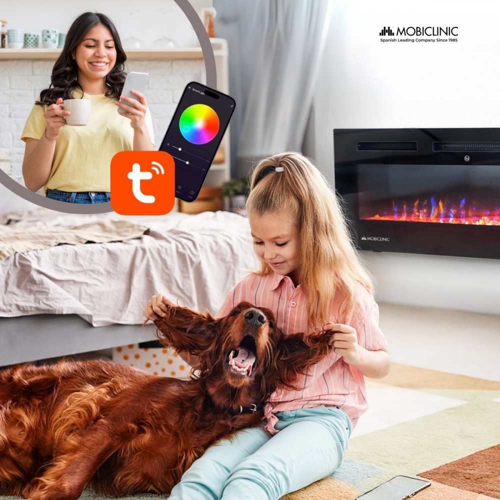Chimenea eléctrica de pared Mobiclinic Estufa 106.5x12x43 cm Potencia 1800W Llama 3D Protección sobrecalentamiento Temporizador Control Wifi Fury - 5