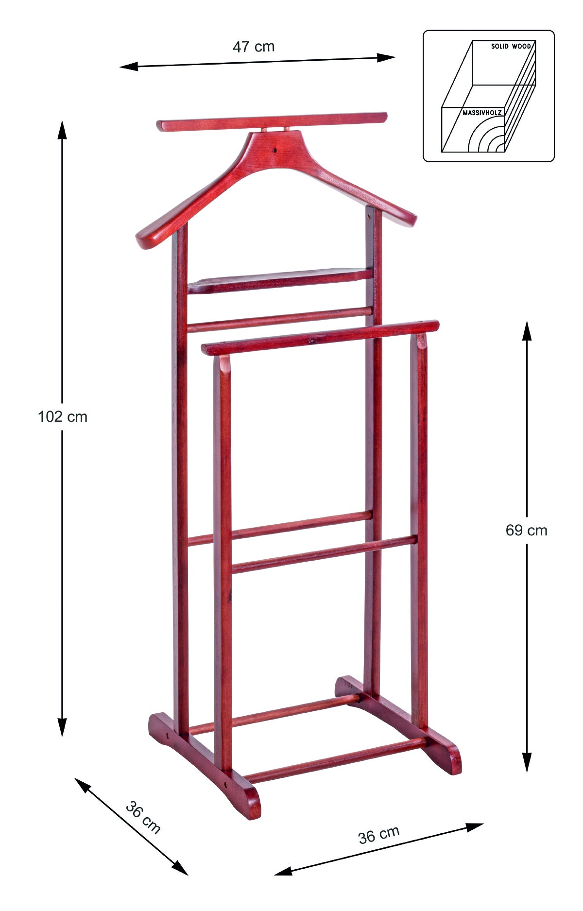 Valet de nuit double, valet de chambre en bois massif hévéa coloris cerisier - longueur 47 x profondeur 36 x hauteur 102 cm - 3