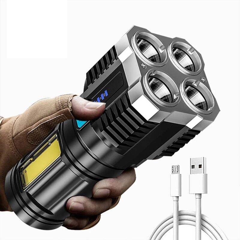 Lampă de buzunar cu 4 perle, cu indicator de alimentare, COB, lumină laterală puternică, portabilă pentru exterior, încărcare USB pentru acasă