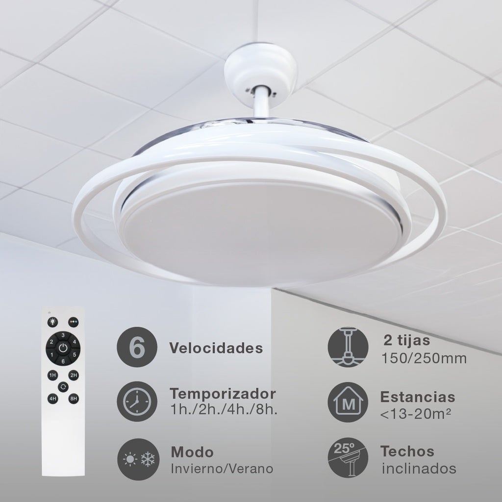 Ventilador de techo con luz de aspas retráctiles Ø107cm blanco Motor DC - 6
