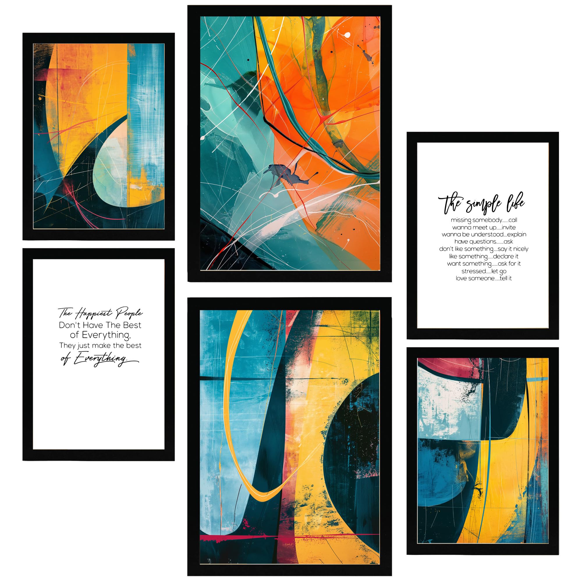 Set de 6 abstract colors yellow orange blue shapes cuadros con ilustración de diseño para decorar las paredes del hogar. tienda. a3 y a4. marco negro