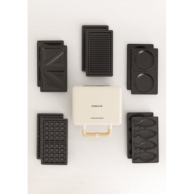 CREATE - Pack STONE STUDIO Podwójny - Opiekacz do kanapek Gofrownica i Grill + Płyta Taiyaki + pancake pancake Plate - Blanc cassé