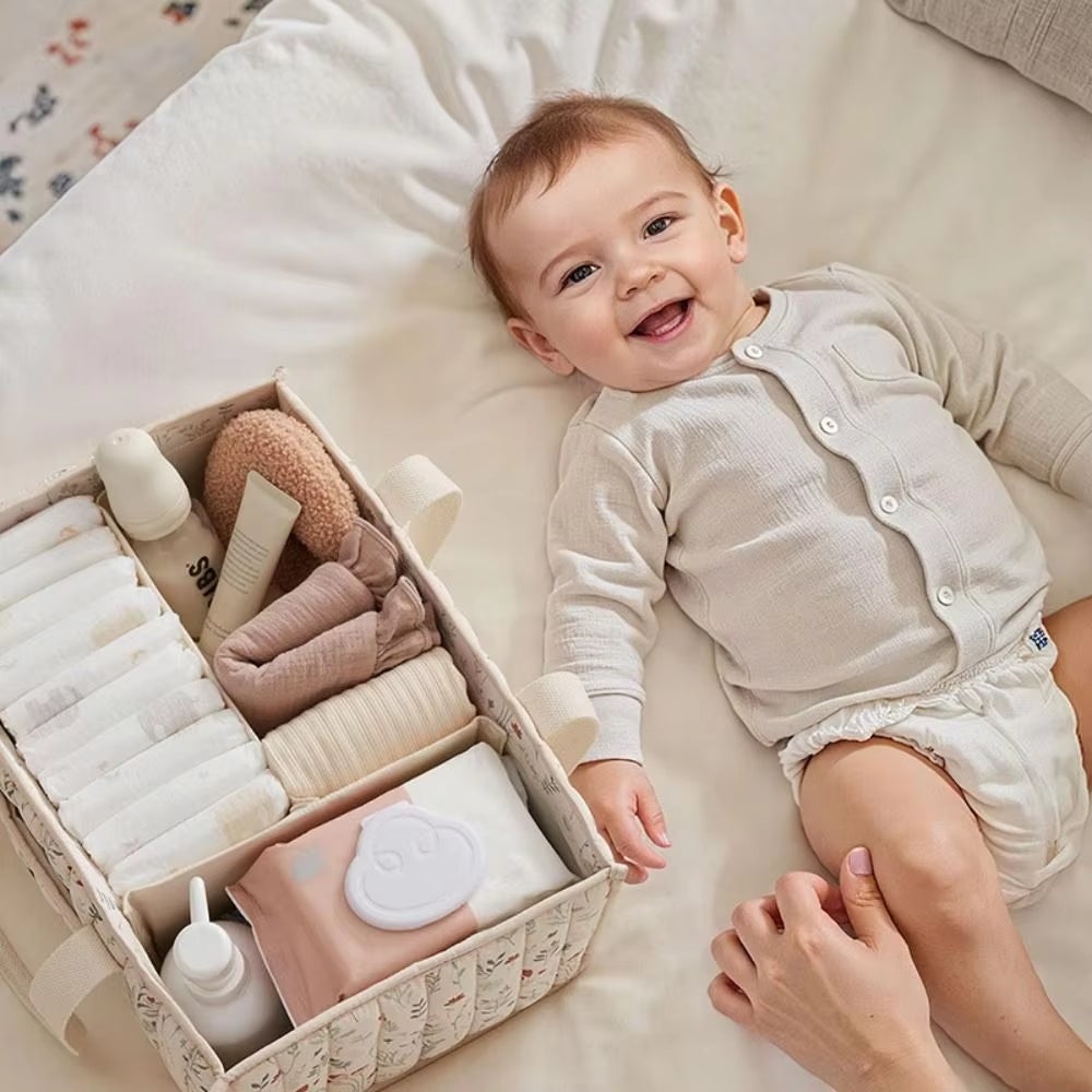 NICOLA Organisateur de caddie à couches,panier de rangement pour chambre d'enfant,registre de bébé indispensable,Beige floral - 3