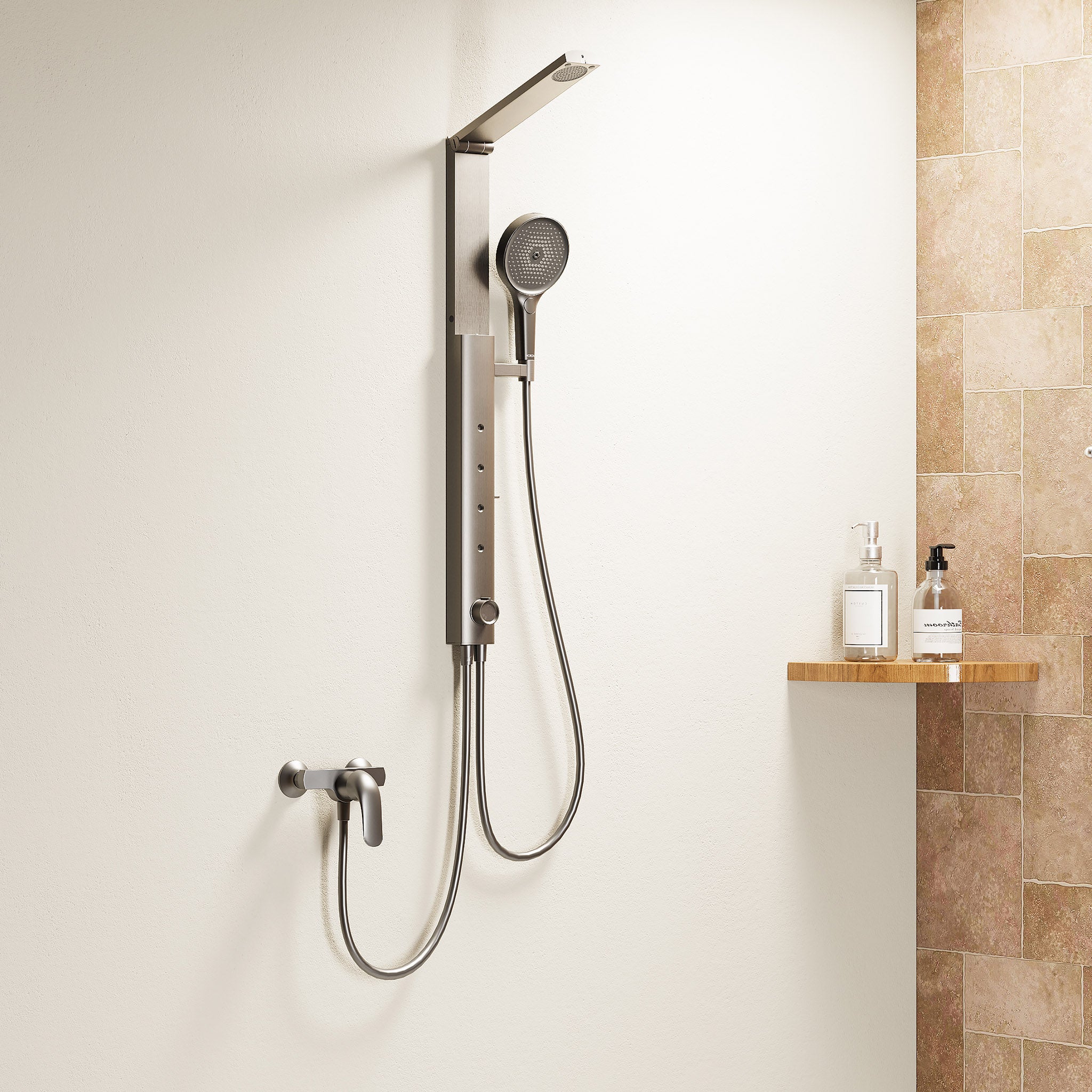 HOROW Set de ducha tipo lluvia gris, 4 modos de masaje, plegable, regulable en altura, grifo no incluido, se puede utilizar con la bañera - 9