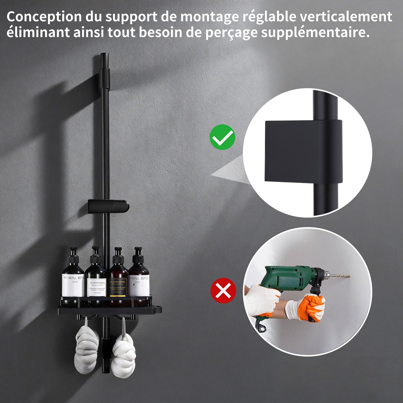 Barre de Douche Noir Réglable 900 mm avec Étagère Coulissante Intégrée, Support Ajustable Sans Perçage Supplémentaire, en Acier Inoxydable - 2
