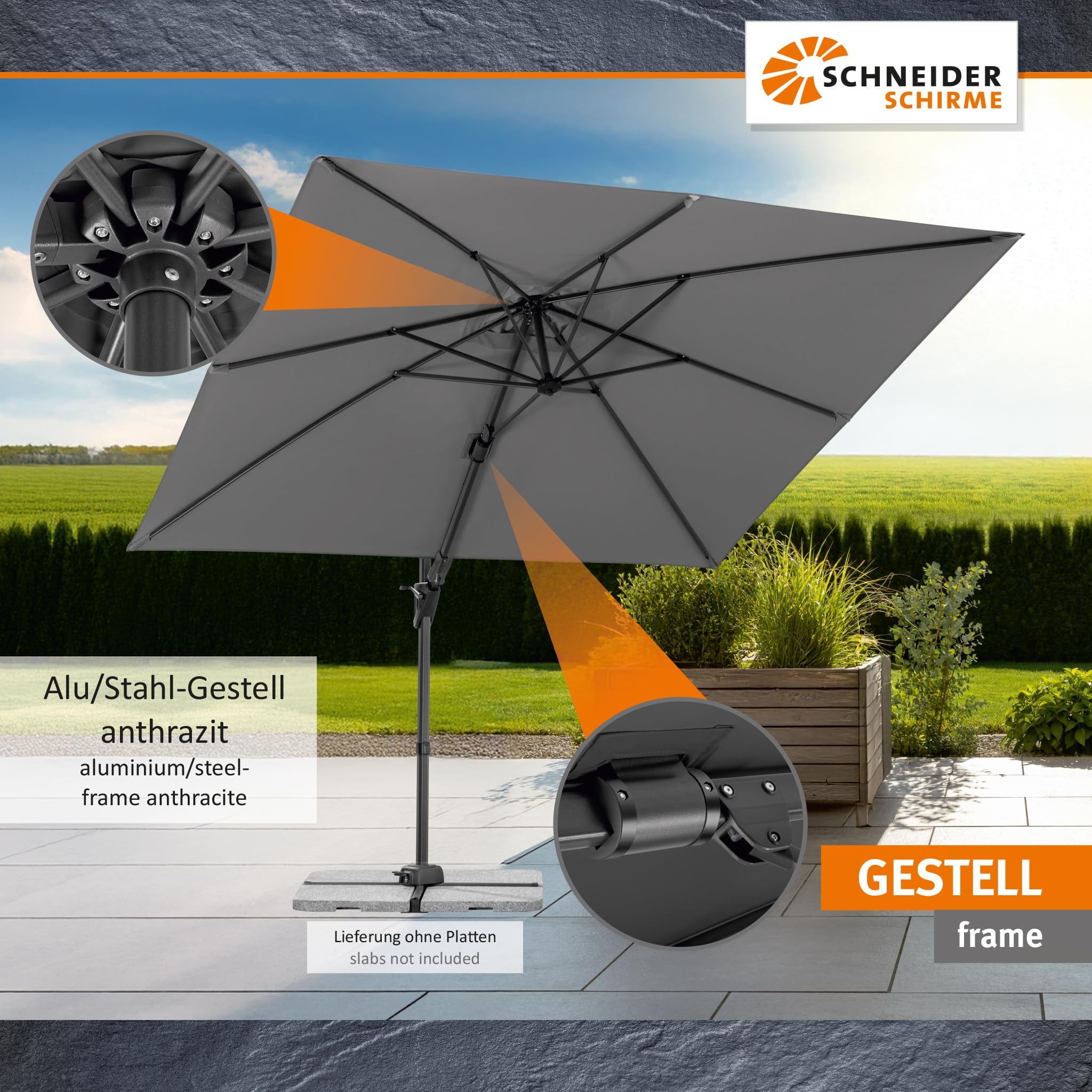 Parasol déporté Schneider Vivasol anthracite, 270 x 270 cm – rotatif 360°, inclinable, avec housse et support pour dalles - 6