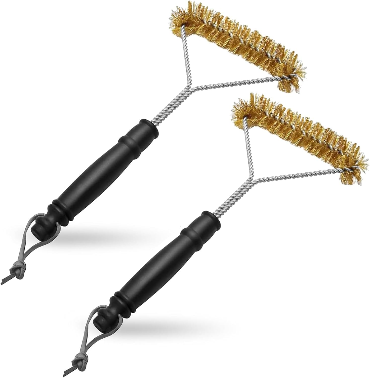 Zestaw 2 mosiężnych szczotek do czyszczenia grilla, z mosiężnym włosiem, czyszczenie trójkątne 360°, plastikowy uchwyt zapobiegający poparzeniom