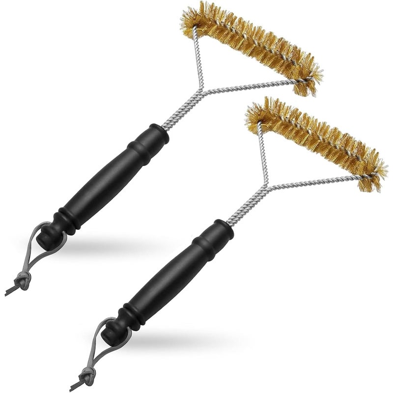 Zestaw 2 mosiężnych szczotek do czyszczenia grilla, z mosiężnym włosiem, czyszczenie trójkątne 360°, plastikowy uchwyt zapobiegający poparzeniom