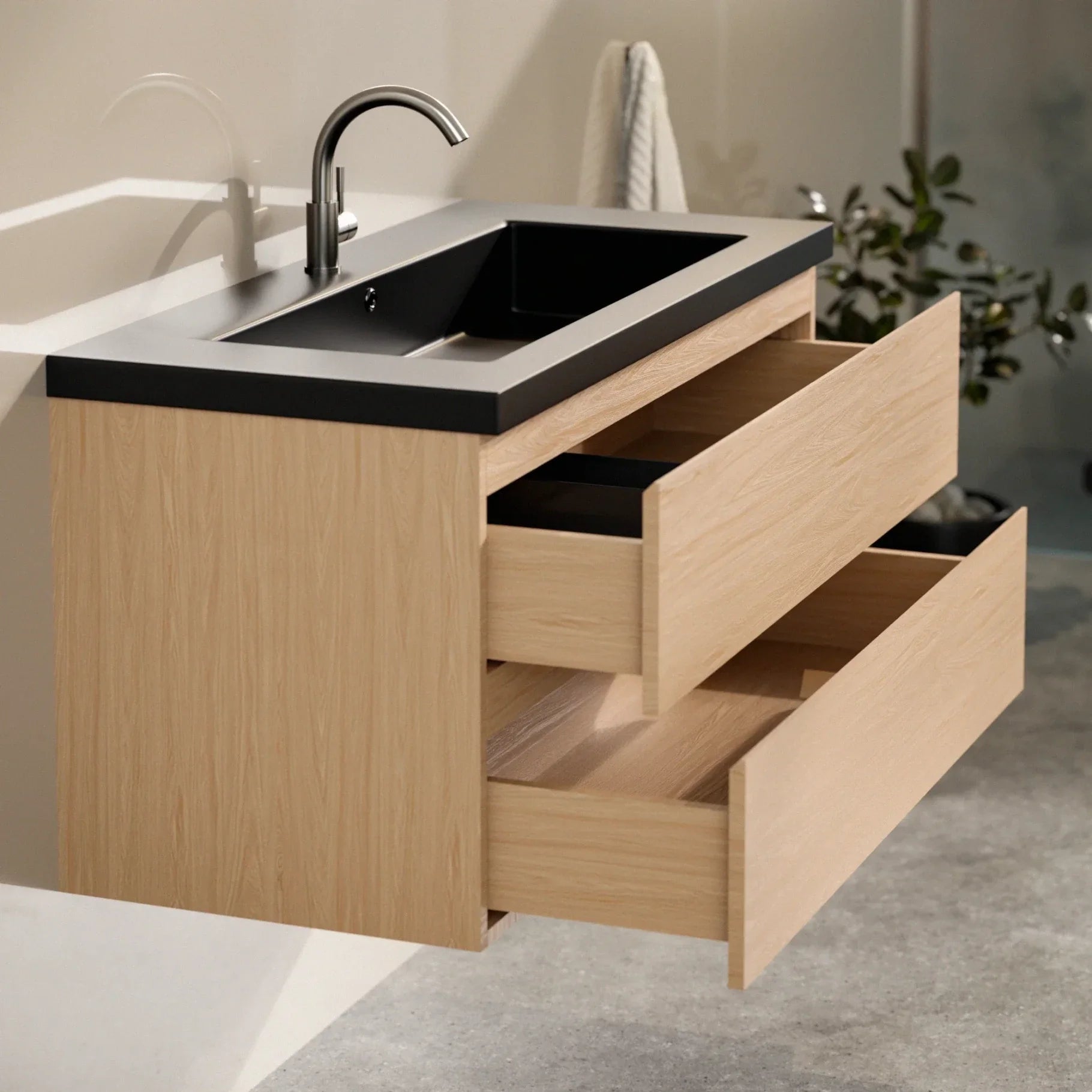 Meuble de salle de bain Sena - 100 cm - Chêne clair - Vasque noire - 6