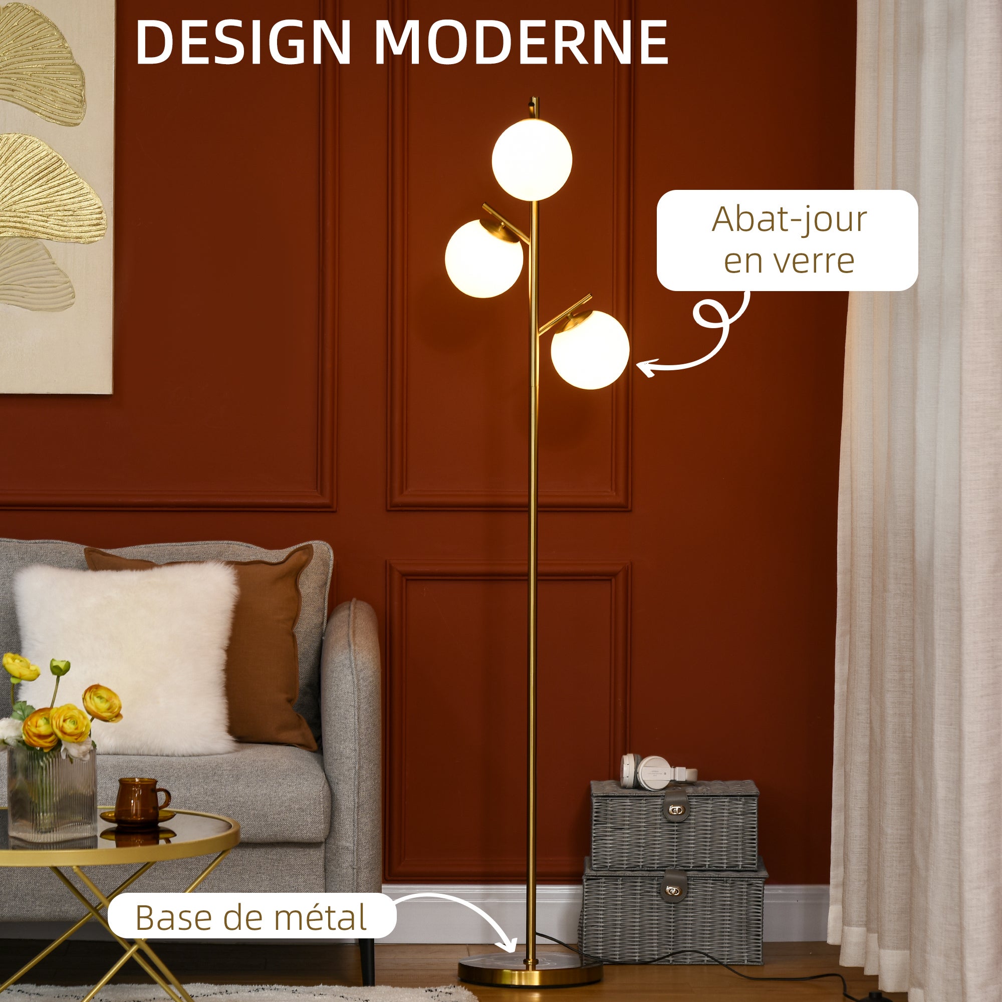 Lampadaire sur pied - HOMCOM - salon métal doré 3 abat-jours globe blanc verre dépoli - métal - Ø 27x169cm - doré - 4