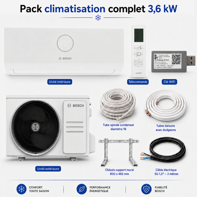 Pack climatisation monosplit Climate 3000I RAC Bosch 3,6 kW + kit installation