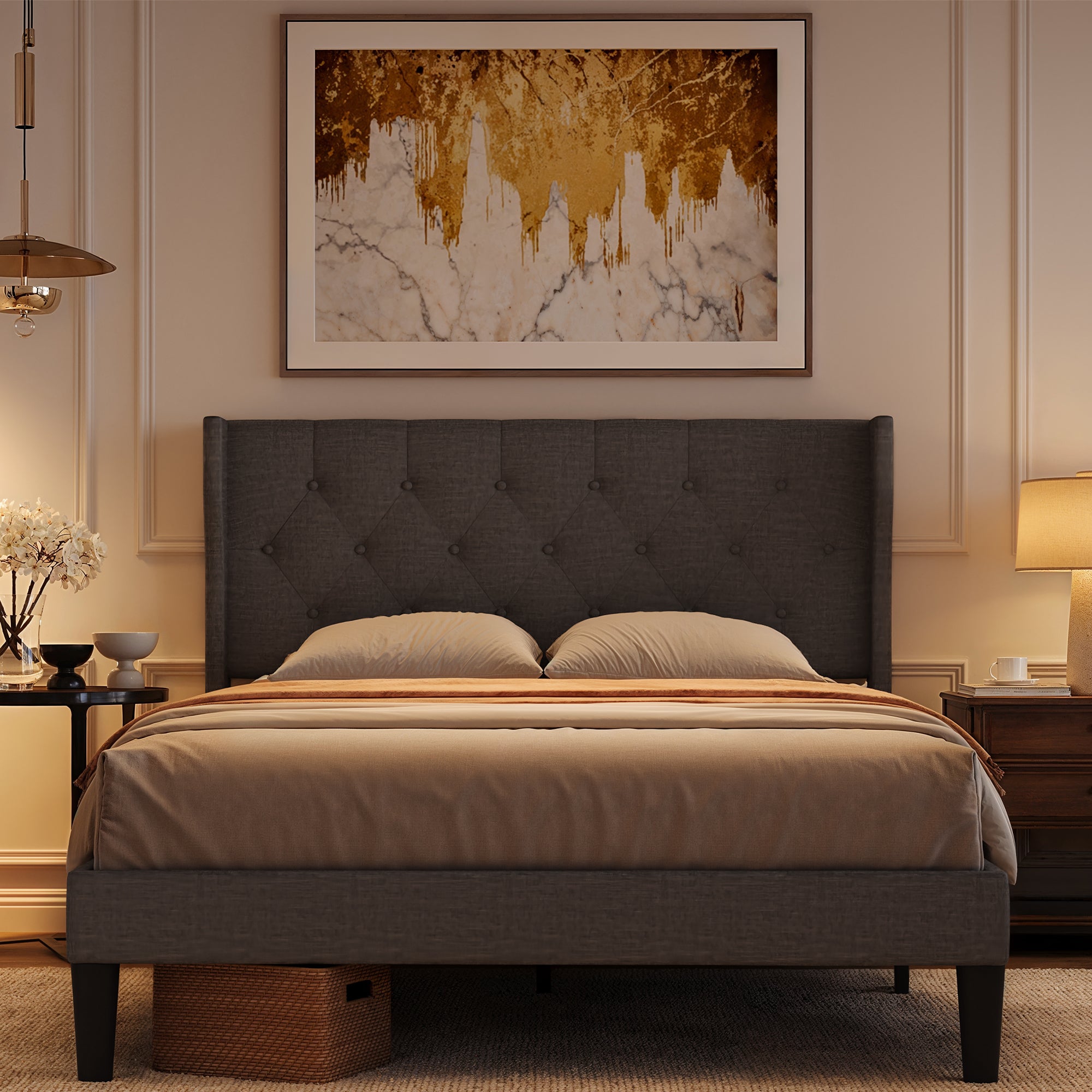 Bealife Lit 140 x 200 cm Lit Simple Structure de Lit Lit Rembourré Lattes en Bois de Spin 20 cm de Rangement Gris Foncé - 2