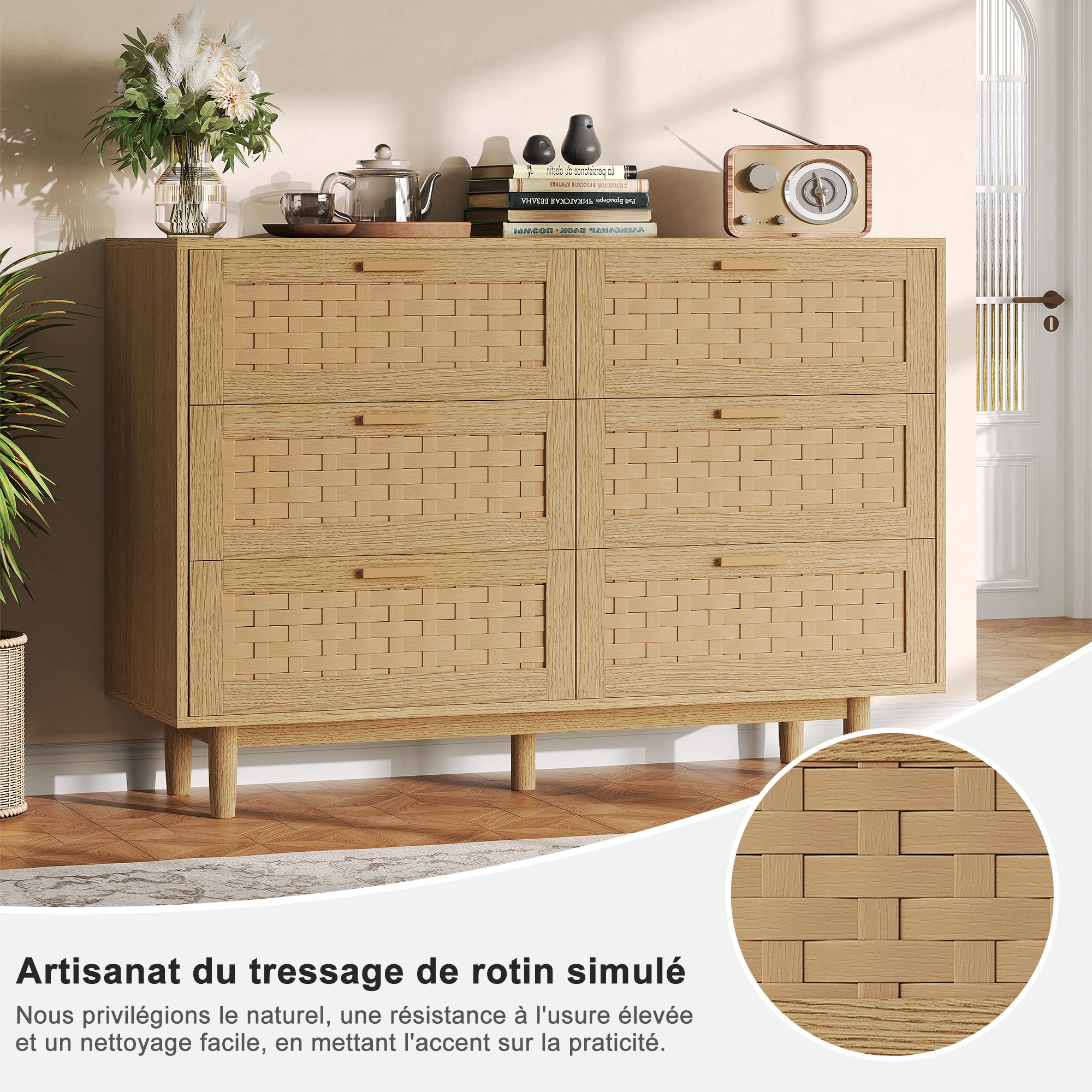 Commode 6 Tiroirs Bois, Armoire à Tiroirs Commode Chambre Adulte en PVC Rotin, Meuble de Rangement pour Salon et Entrée Couloir, Brun(115x80x40 cm) - 7