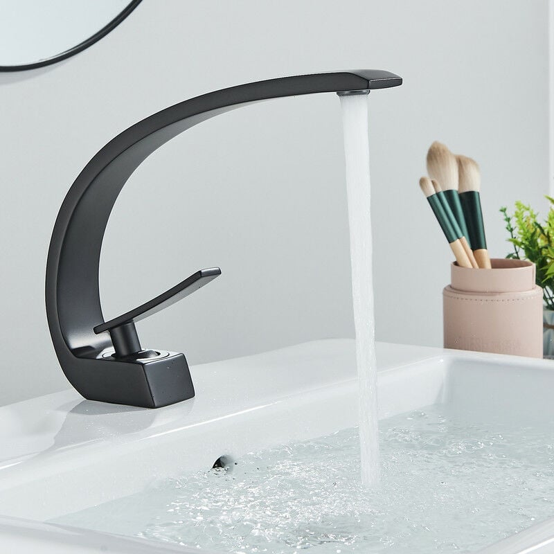 Bateria umywalkowa do łazienki zakrzywiona jednouchwytowa bateria umywalkowa do łazienki czarna bateria umywalkowa ciepłej i zimnej wody lity mosiądz