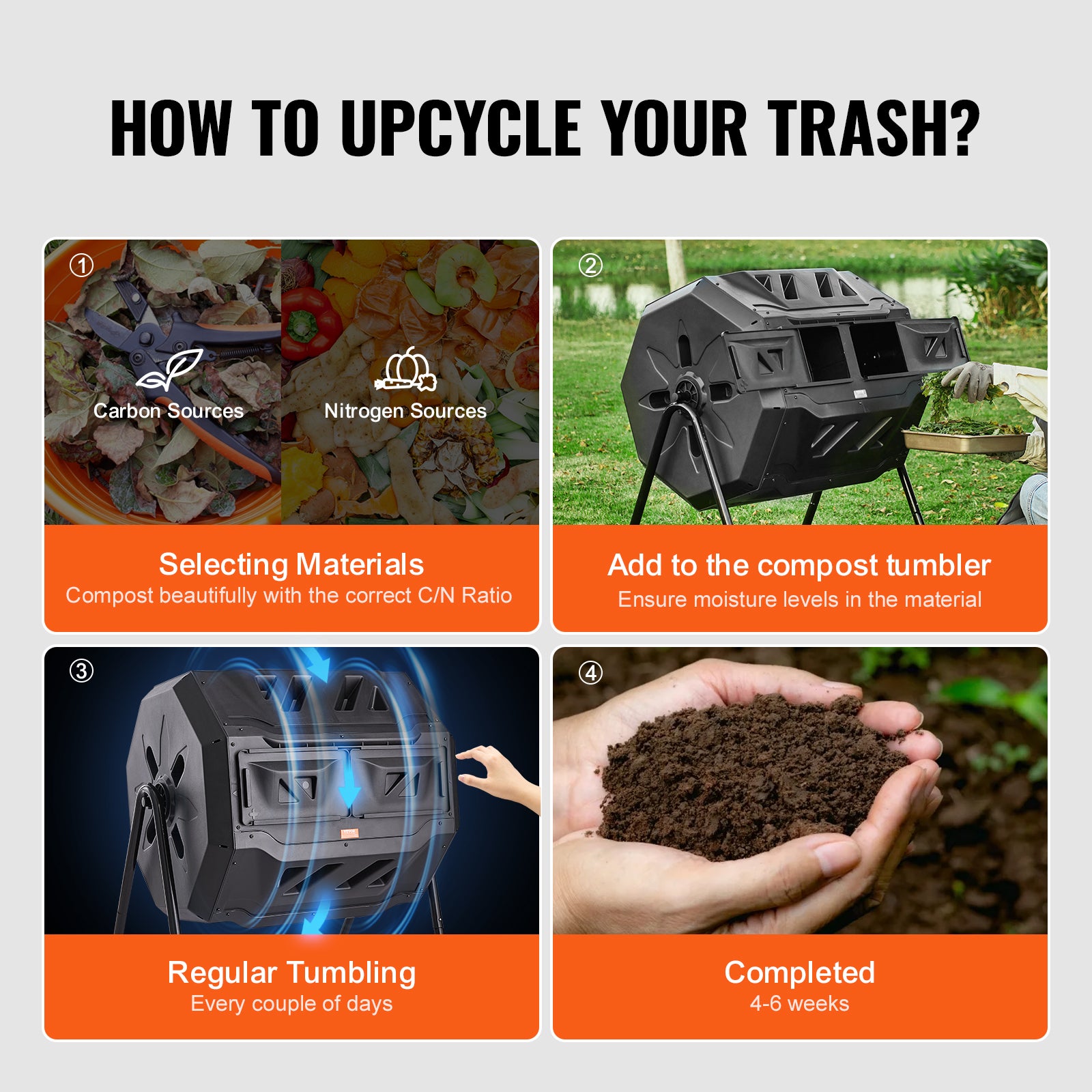 Composteur Jardin Rotatif VEVOR 162,7 L Double Chambre Bac à Compost Rotatif à 360° en PP sans BPA Charge 50 kg pour Compostage des Déchets Organiques - 6