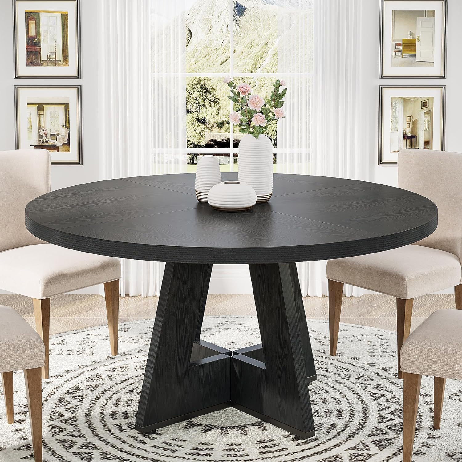 Tribesigns  Mesa De Comedor Redonda 120*120*75Cm Para 4 Personas, Rústica Con Tablero Y Base De Madera Negro , Leroy Merlin