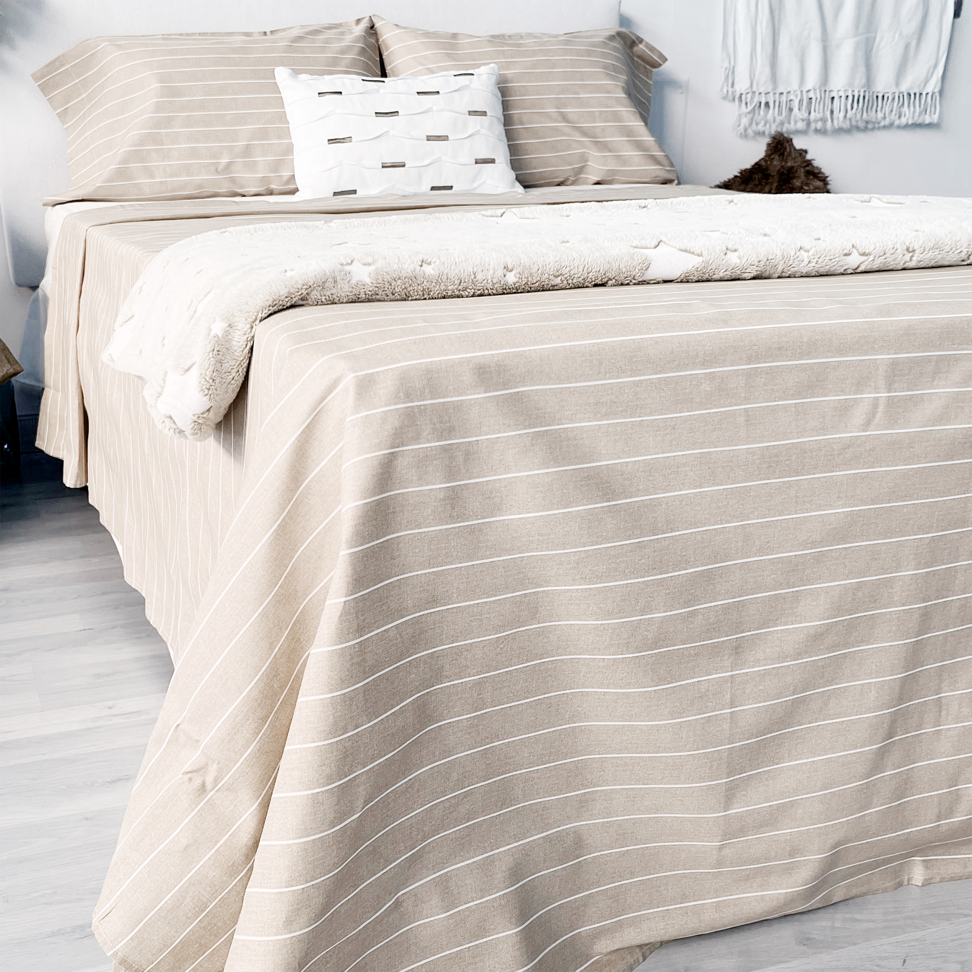 Juego de sábanas 100% beige rayas diplomáticas 4 piezas - cama 150 cm