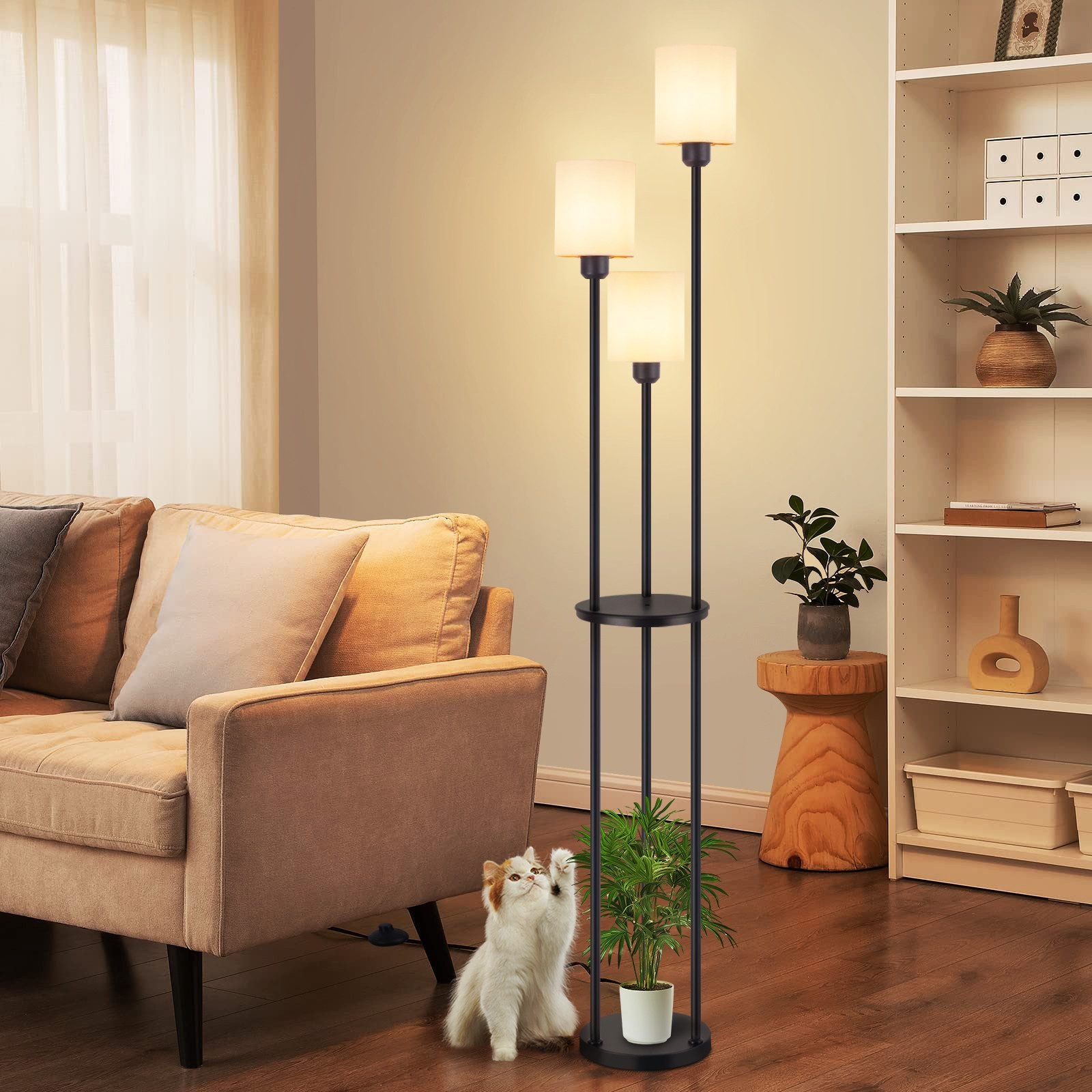 NETTLIFE Lampa podłogowa salon E27 vintage biała 3 lampy abażur z tkaniny przełącznik nożny