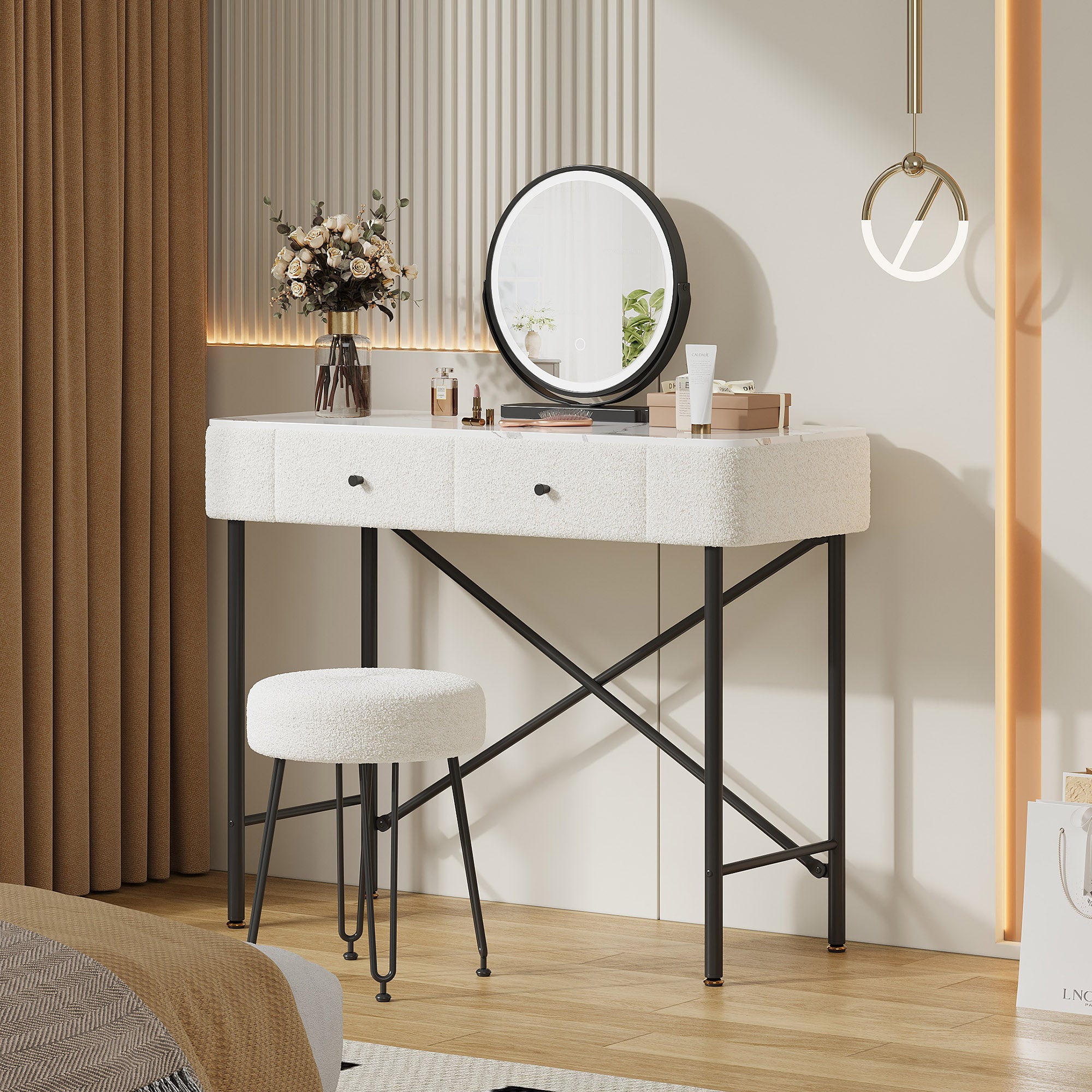 Toaletka z lustrem 100x40x120cm - z regulowanym oświetleniem LED - z 1 stołkiem - z 2 szufladami - faktura marmuru - Biały + Czarny