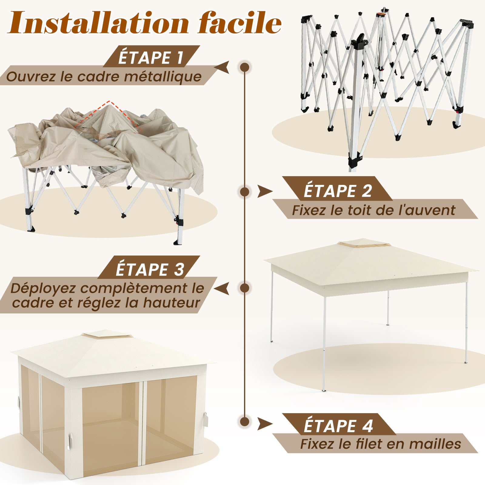 Tonnelle de Jardin 337 x 337 CM avec Filet en Maille 4 Côtés, Tente de Réception à Double Toit avec Sac de Transport Protection Solaire, Beige - 5