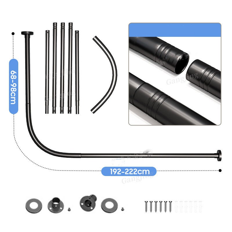 Bastone per tenda da doccia angolare regolabile, per vasca da bagno, 68-98 x 192-222 cm, da forare (nero) - 4
