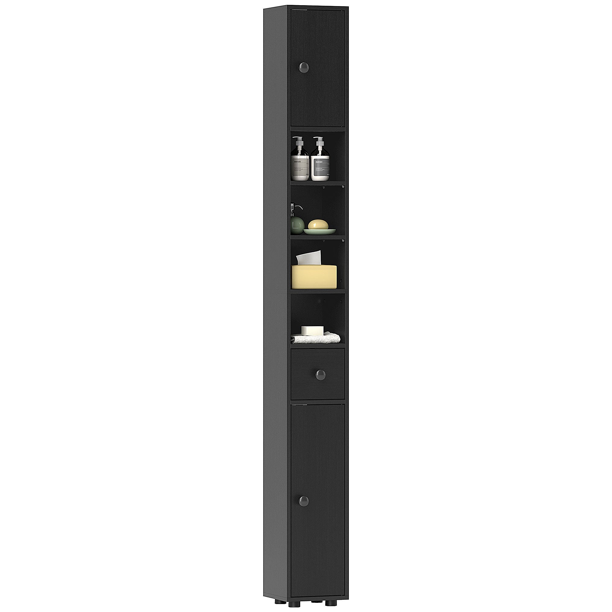 Columna alta de almacenamiento para baño con 1 cajón, 4 estantes ajustables y 2 armarios, 20 x 20 x 180 cm, color negro.