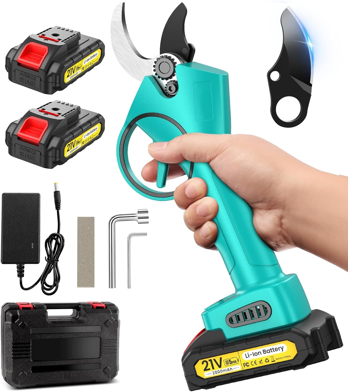 Sécateur électrique 21V Avec Manche Télescopique 2m - 2 Batteries 2000mAh, Lame SK5, écran LCD, Coupe 40mm