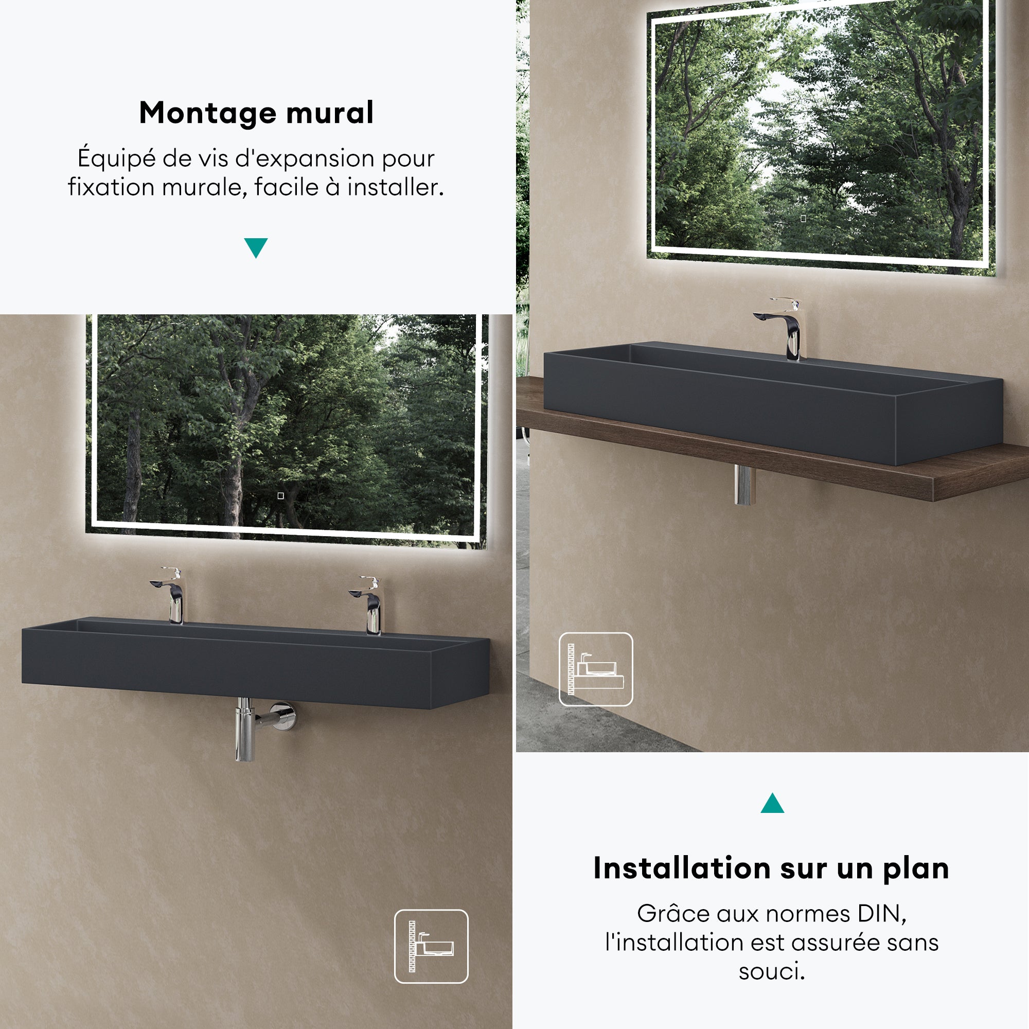 Lavabo Suspendu, Vasque à Poser, Lave-Mains Rectangulaire, 120cm, Gris Noir Mat, avec Cache Bonde, pour Salle de Bains, Colossum6028 doporro - 6
