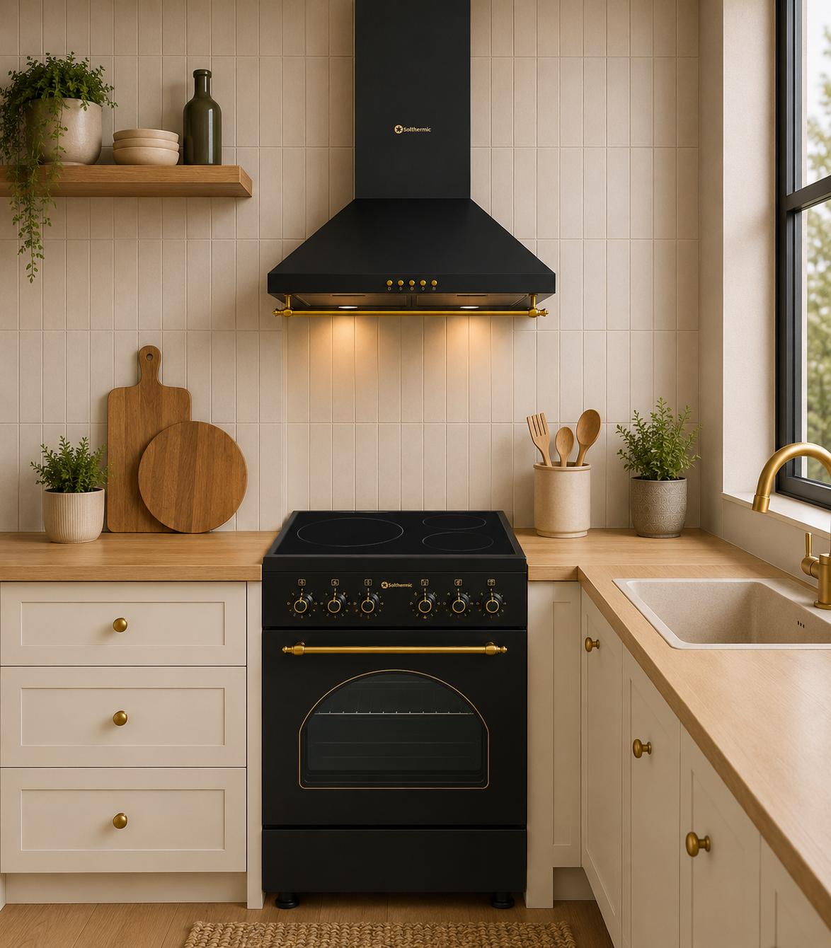 Solthermic Negra/Negro Conjunto Cocina Vitrocerámica Vtc50 3 Fuegos 50X50cm + Campana H60pr 60Cm - Imagen 2