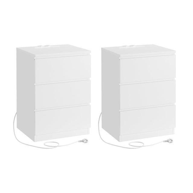 Juego de 2 mesitas de noche modernas con estación de carga - 3 cajones, 2 tomas de corriente, 2 puertos usb, ideal para dormitorio, blanco nube
